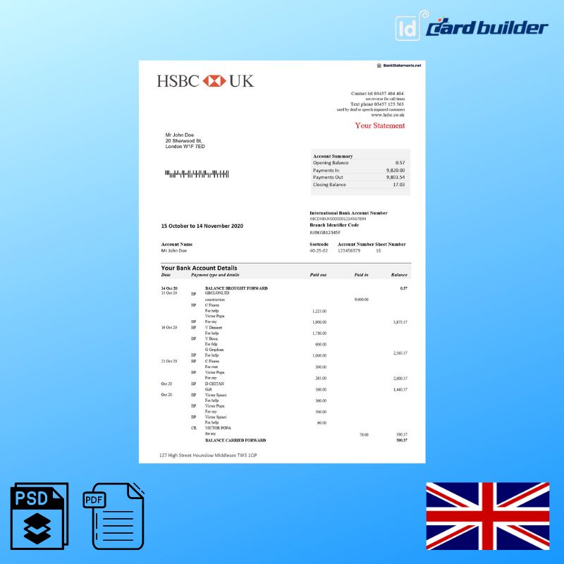 UK HSBC Bank Statement Template